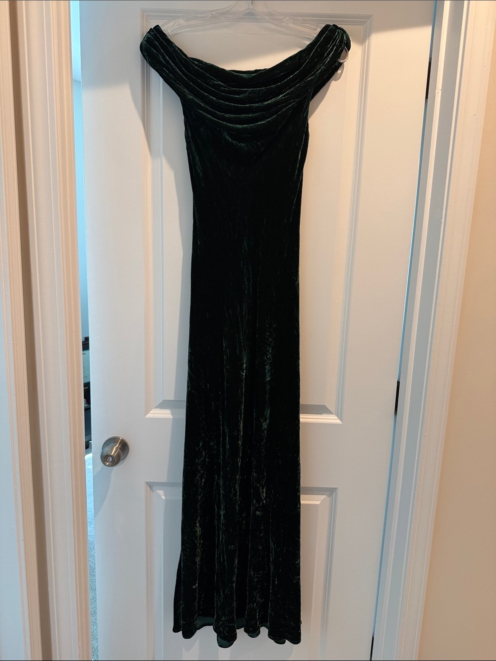 Reformation Velvet Off-Shoulder Maxi Dress in Deep Green